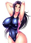  1girl arm_up blush breasts huge_breasts long_hair looking_at_viewer megane_man purple_hair solo swimsuit 