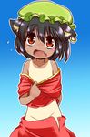  animal_ears black_hair blue_background blush cat_ears chen collarbone embarrassed fang flying_sweatdrops gradient gradient_background hat jewelry looking_up mob_cap no_panties open_clothes open_mouth open_skirt red_eyes shirt_pull short_hair single_earring skirt skirt_pull solo tan tanline touhou yuuma_(pumpkin) 