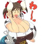  1girl breasts brown_hair cleavage cow_girl cow_horns gigantic_breasts hair_ribbon hataraki_ari horns meme original salt salt_bae_(meme) solo sukimi sukimi_(hataraki) 