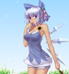  armpit_peek armpits bangs bare_arms blue_bow blue_dress blue_eyes blue_hair blue_sky bow breasts cirno commentary cowboy_shot day dress earrings english_commentary eyebrows_visible_through_hair finger_in_mouth finger_sucking flower hair_bow hair_flower hair_ornament hater_(hatater) hidden_star_in_four_seasons highres ice ice_wings jewelry looking_at_viewer medium_breasts outdoors pointy_ears see-through short_hair shorts sky solo tan tanned_cirno touhou wings 