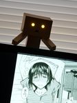  being_watched box cardboard_box danboo figure glowing glowing_eyes minimized photo revoltech striped triangle_mouth yotsubato! 