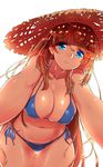  bikini blue_bikini blue_eyes breasts chiha_(abo_ecm_mk25) cleavage collarbone covered_nipples hair_between_eyes hat highres large_breasts lips long_hair navel original reaching_out red_hair solo stomach straw_hat swimsuit thigh_gap thighs very_long_hair 