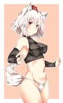  :o animal_ears black_gloves breasts bridal_gauntlets covered_nipples cowboy_shot crop_top fundoshi gloves groin hat highres inubashiri_momiji japanese_clothes kz_oji looking_at_viewer medium_breasts navel red_eyes solo standing tail tokin_hat touhou white_hair wolf_ears wolf_tail 