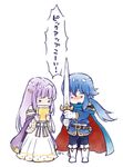  &gt;o&lt; 1girl belt blue_hair book brother_and_sister cape celice_(fire_emblem) dress fire_emblem fire_emblem:_seisen_no_keifu fire_emblem_heroes gloves holding holding_book long_hair long_sleeves open_mouth purple_hair siblings simple_background sword tiara translated tuittabonko weapon white_background white_dress white_gloves yuria_(fire_emblem) 
