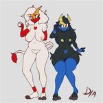  anthro arm_warmers armwear breasts clothing diadorin duo female legwear luxray nintendo nipples pok&eacute;mon pussy rubber slightly_chubby standing thick_thighs thigh_highs unknown_species video_games wide_hips 