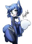  2017 anthro belt black_nose blue_hair blush bodysuit boots canine clothing english_text female footwear fox green_eyes hair hair_ornament happy hi_res jewelry krystal mammal nintendo open_mouth rinniekuu short_hair signature simple_background skinsuit solo star_fox tailband text tight_clothing video_games 