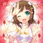  amami_haruka blush brown_hair collar eyebrows_visible_through_hair green_eyes idolmaster idolmaster_(classic) looking_at_viewer lowres mitsumomo_mamu one_eye_closed pink_diamond_765 salute short_hair smile solo white_collar wrist_cuffs 