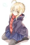  absurdres ahoge artoria_pendragon_(all) bangs between_legs black_footwear blonde_hair blue_skirt boots braid closed_mouth coat duffel_coat eyebrows_visible_through_hair fate/grand_order fate_(series) french_braid grey_legwear hand_between_legs highres knee_boots looking_at_viewer mysterious_heroine_x_(alter) open_clothes open_coat pantyhose plaid plaid_scarf red_scarf scarf shibakame sidelocks sitting skirt solo v_arms wariza white_background yellow_eyes 