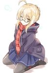  absurdres ahoge artoria_pendragon_(all) bangs between_legs black-framed_eyewear black_footwear blonde_hair blue_skirt boots braid closed_mouth coat duffel_coat eyebrows_visible_through_hair fate/grand_order fate_(series) french_braid glasses grey_legwear hand_between_legs highres knee_boots looking_at_viewer mysterious_heroine_x_(alter) open_clothes open_coat pantyhose plaid plaid_scarf red_scarf scarf semi-rimless_eyewear shibakame sidelocks sitting skirt solo under-rim_eyewear v_arms wariza white_background yellow_eyes 