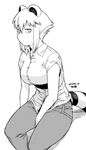  animal_ears araiguma-san breasts expressionless greyscale large_breasts looking_at_viewer monochrome original pants raccoon_ears raccoon_tail shirt short_hair short_sleeves sidelocks sitting solo tail tsukudani_(coke-buta) 