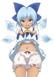  bloomers blue_bow blue_eyes blue_hair blush bow cirno daidaiiro dress dress_lift flower hidden_star_in_four_seasons highres ice ice_wings looking_at_viewer navel open_mouth sunflower tan tanned_cirno touhou underwear wings 
