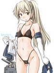  alternate_hairstyle ass_visible_through_thighs black_bra black_eyes black_panties blonde_hair bra clothes_removed cowboy_shot dated elbow_gloves gloves groin highleg highleg_panties kantai_collection long_hair panties ponytail rensouhou-chan shimakaze_(kantai_collection) simple_background skirt skirt_removed standing tatsumi_ray twitter_username underwear white_background white_gloves 