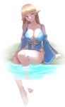  arm_support blonde_hair blue_dress blue_eyes breasts cleavage copyright_request detached_sleeves dress head_tilt large_breasts oz_(gerbera7) parted_lips pointy_ears sketch soaking_feet solo water 