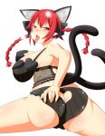  1girl animal_ears artist_request ass ass_cutout bangs black_bra blush bow bra braid breasts butt_crack cat_ears curvy fang heart_cutout heavy_breathing highres kaenbyou_rin large_breasts lingerie looking_at_viewer looking_back plump pointy_ears red_hair steam tail thick_thighs thighs tongue tongue_out touhou underwear 