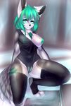  2017 anthro big_breasts blue_eyes breasts canine clothed clothing dk- female fox green_hair green_nipples hair legwear mammal markings nipples pool_(disambiguation) pussy solo swimsuit water 