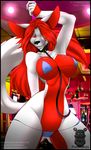  2017 anthro armpits big_breasts breasts canine cherry_(character) clothed clothing collar dancing digital_media_(artwork) erect_nipples fan_character female fox fredkakes fur hair hi_res leash looking_at_viewer mammal nipples open_mouth pole pole_dancing red_eyes red_hair signature smile solo spread_legs spreading standing strip_club stripper teeth text thick_thighs tongue wide_hips 