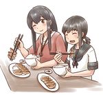  akagi_(kantai_collection) black_hair bowl brown_eyes brown_hair chopsticks closed_eyes dumpling food fubuki_(kantai_collection) jewelry jiaozi kantai_collection karasu_(naoshow357) long_hair low_ponytail multiple_girls necklace one_eye_closed osaka_ohsho plate ponytail remodel_(kantai_collection) rice_bowl school_uniform serafuku short_ponytail sidelocks straight_hair upper_body 