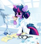  2017 bandage beverage clothed clothed_feral clothing coffee drinking equine eyewear female feral friendship_is_magic glasses hair horn inside lab_coat laboratory levitation magic mammal multicolored_tail my_little_pony purple_eyes solo tomatocoup tongue twilight_sparkle_(mlp) unicorn 