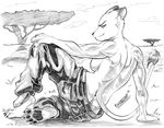  2017 anthro baggy_pants breasts butt claws clothed clothing cloud feline female field from_behind_(disambiguation) fur grass half-closed_eyes hand_on_knee hi_res kali_balewa lion looking_at_viewer mammal muscular muscular_female panties pants paws pltnm06ghost pose savanna sketch topless tree underwear 