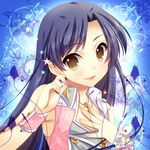  blue_background blue_hair blush eyebrows_visible_through_hair idolmaster idolmaster_(classic) kisaragi_chihaya long_hair looking_at_viewer lowres mitsumomo_mamu open_mouth pink_diamond_765 smile solo wrist_cuffs yellow_eyes 