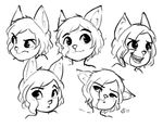  2017 alec8ter anthro black_and_white blush cassidy_(alec8ter) cat cute_fangs expression_sheet feline frown inner_ear_fluff male mammal monochrome open_mouth open_smile signature simple_background smile solo white_background wig 