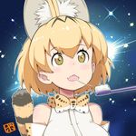  animal_ears bare_shoulders blonde_hair bow bowieknife bowtie commentary_request kemono_friends saliva saliva_trail serval_(kemono_friends) serval_ears serval_print serval_tail shirt short_hair sleeveless sleeveless_shirt tail toothbrush 
