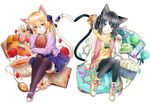  2girls animal_ears ankle_boots bad_id bad_pixiv_id black_hair black_legwear blonde_hair blue_eyes blue_skirt book boots candy cardigan cat_ears cat_tail cellphone checkerboard_cookie commentary_request cookie cross-laced_footwear cup cupcake daisy flower food green_eyes hair_ornament hair_ribbon head_tilt heart_tail_duo hexagram highres holding holding_book hood hoodie hugging_book hugging_object jelly_bean jewelry light_smile lollipop long_hair macaron mary_janes miniskirt multiple_girls necklace open_book original pantyhose paw_pose petals phone red_flower red_rose ribbon rose rose_petals routo_(rot_0) shoes short_hair simple_background skirt sleeves_past_wrists smartphone star_(symbol) star_hair_ornament tail tail_ornament tail_ribbon teacup thighhighs white_background yellow_hoodie zettai_ryouiki 