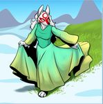  amaterasu anthro anthrofied breasts canine clothed clothing deity dress female foxenawolf fur grass looking_back mammal snow solo video_games white_fur wolf ōkami 