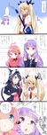  4koma animal_ears aqua_eyes bass_guitar black_hair blonde_hair blue_eyes blush bunny_ears bunny_girl cat_ears cat_girl cat_tail chestnut_mouth chuchu_(show_by_rock!!) comic commentary cyan_(show_by_rock!!) dog_girl dog_tail guitar highres instrument long_hair moa_(show_by_rock!!) multiple_girls pink_hair plectrum purple_eyes purple_hair retoree sheep_ears sheep_girl short_hair show_by_rock!! simple_background speech_bubble strawberry_heart sweatdrop tail text_focus tousaki_shiina translated triangle_mouth white_background yellow_eyes yuri 