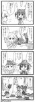  animal_ears comic commentary common_raccoon_(kemono_friends) fennec_(kemono_friends) fossa_(kemono_friends) fossa_ears fossa_tail fox_ears greyscale hat highres kemono_friends monochrome multiple_girls open_mouth panzuban raccoon_ears short_hair short_sleeves tail translated 