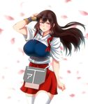  akagi_(kantai_collection) black_hair blurry blush breasts brown_eyes commentary_request cowboy_shot depth_of_field flight_deck floating_hair gloves hakama_skirt hip_vent huge_breasts japanese_clothes kantai_collection kashiru long_hair looking_at_viewer muneate parted_lips partly_fingerless_gloves petals red_skirt sidelocks skirt smile solo tasuki yugake 