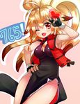  ;d ahoge animal_ears blonde_hair breasts china_dress chinese_clothes colorized dress fingerless_gloves fox_ears gloves long_hair medium_breasts multicolored_hair nagare namco namco_x_capcom one_eye_closed open_mouth ponytail project_x_zone red_eyes smile solo super_robot_wars super_robot_wars_og_saga_mugen_no_frontier two-tone_hair vest xiaomu 