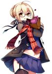  ahoge artoria_pendragon_(all) bag bangs black_legwear black_ribbon blonde_hair blush braid chocolate chocolate_on_face closed_mouth coat commentary_request cowboy_shot crop_top crop_top_overhang duffel_coat eyebrows_visible_through_hair fate/grand_order fate_(series) food food_on_face french_braid fringe_trim garter_straps glasses hair_between_eyes hair_bun hair_ribbon heart holding holding_bag looking_at_viewer mysterious_heroine_x_(alter) navel open_clothes open_coat plaid plaid_scarf red_scarf ribbon ry_thae scarf sidelocks simple_background skirt solo thighhighs white_background yellow_eyes 