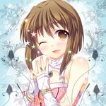  blush bob_cut brown_eyes brown_hair eyebrows_visible_through_hair green_background hagiwara_yukiho hands_together idolmaster idolmaster_(classic) looking_at_viewer lowres mitsumomo_mamu one_eye_closed open_mouth pink_diamond_765 smile solo 