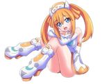  bare_shoulders blue_eyes blush breasts elbow_gloves gloves hechima-bushi long_hair neptune_(series) open_mouth orange_hair orange_heart power_symbol shin_jigen_game_neptune_vii smile solo symbol-shaped_pupils tennouboshi_uzume twintails white_gloves 