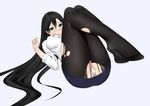  1girl black_hair blue_eyes blush breasts dress_shirt feet hiratsuka_shizuka large_breasts long_hair looking_at_viewer lying miniskirt open_shirt pantyhose pantyshot shady_(373162955) solo toes torn_pantyhose yahari_ore_no_seishun_lovecome_wa_machigatteiru. 