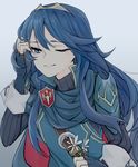  armor blue_armor blue_eyes blue_hair breastplate cape fingerless_gloves fire_emblem fire_emblem:_kakusei flower gloves long_hair looking_at_viewer lucina one_eye_closed pauldrons simple_background solo 