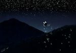  carte cirno commentary_request flying from_behind glitter glowing glowing_wings ice ice_wings mountain night night_sky scenery signature silhouette sky solo sparkle star_(sky) starry_sky touhou wings 