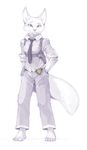  5_toes anthro arctic_fox barefoot canine clothed clothing detective female fox foxmode fur mammal necktie shoulder_holster simple_background solo toes white_background white_fur yellow_eyes 