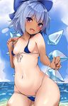  belly bikini blue_bikini blue_bow blue_eyes blue_hair bow breasts cirno commentary_request cowboy_shot fang front-tie_bikini front-tie_top hair_bow highres ice ice_wings karatakewari looking_at_viewer micro_bikini navel side-tie_bikini small_breasts smile solo swimsuit tan tanned_cirno touhou untied wide_hips wings 