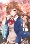  bad_id bad_pixiv_id bag bangs blazer blush bow bowtie brown_eyes brown_hair cardigan cherry_blossoms day earphones floating_hair from_side highres jacket long_hair long_sleeves looking_to_the_side open_blazer open_clothes open_jacket original outdoors parted_lips petals plaid plaid_neckwear plaid_skirt red_bow red_neckwear school_uniform sheepd single_earphone_removed skirt solo upper_body 