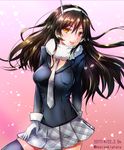  alternate_costume ashigara_(kantai_collection) black_jacket black_legwear blazer breasts brown_eyes brown_hair checkered checkered_skirt cosplay fur_collar gloves grey_wolf_(kemono_friends) grey_wolf_(kemono_friends)_(cosplay) hoshiyuki_aruru jacket kantai_collection kemono_friends lips long_hair long_sleeves looking_at_viewer medium_breasts miniskirt necktie pink_background pleated_skirt skindentation skirt solo thighhighs wavy_hair white_gloves 