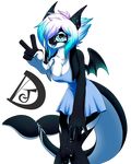  2017 5_fingers anthro big_breasts blue_eyes blue_hair blush breasts cetacean clothed clothing dragon dress english_text female hair hybrid legwear looking_at_viewer mammal marine multicolored_hair open_mouth orca penelope simple_background smile solo standing text tongue tongue_out two_tone_hair unknown_artist whale wings 