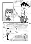  arrow bow_(weapon) comic dock fairy_(kantai_collection) floating_hair geta greyscale hair_ribbon hakama hands_on_own_chest holding holding_bow_(weapon) holding_weapon japanese_clothes kaga_(kantai_collection) kantai_collection md5_mismatch monochrome multiple_girls muneate open_mouth quiver ribbon rigging sakimiya_(inschool) scenery side_ponytail sidelocks sky standing standing_on_liquid sweat thighhighs translated tree twintails wall weapon younger yumi_(bow) zettai_ryouiki zuikaku_(kantai_collection) 