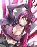  black_bra bra breasts casual chestnut_mouth choker cleavage fate/grand_order fate_(series) from_above gloves groin heart heart_necklace highres long_hair looking_at_viewer medium_breasts midriff navel parted_lips polearm purple_hair red_eyes scathach_(fate)_(all) scathach_(fate/grand_order) shimeno_puni solo spear underwear weapon 