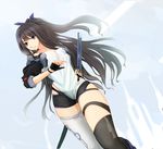  bad_id bad_pixiv_id black_hair blue_eyes fingerless_gloves gloves kikivi long_hair original solo thighhighs weapon 