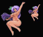 arm_up armpits bangs bare_arms bare_legs barefoot bikini black_background breasts eyebrows_visible_through_hair front-tie_bikini front-tie_top full_body hair_ornament knees_together_feet_apart large_breasts long_hair looking_at_viewer micro_bikini navel open_mouth pixel_art purple_eyes purple_hair simple_background smile stomach swimsuit takorin tan touhou tsukumo_benben untied untied_bikini very_long_hair 