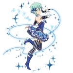  ;) blue_bow blue_footwear blue_hair blue_shirt boots bow breasts from_side full_body green_eyes hair_bow hair_ribbon high_heel_boots high_heels holding holding_microphone idol layered_skirt leg_up looking_at_viewer microphone official_art one_eye_closed ribbon shirt short_hair_with_long_locks sidelocks simple_background sinon small_breasts smile solo standing striped striped_legwear sword_art_online sword_art_online:_code_register thighhighs vertical-striped_legwear vertical_stripes white_background white_ribbon 