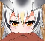  absurdres biting black_hair blonde_hair blush brown_eyes commentary_request eyebrows_visible_through_hair from_above hair_between_eyes highres kaban_(kemono_friends) kanna_kamui kemono_friends kobayashi-san_chi_no_maidragon looking_at_viewer looking_up multicolored_hair multiple_girls northern_white-faced_owl_(kemono_friends) parody pov red_shirt shirt silver_hair solo_focus wooden_floor yanmaa_(yanmar195) 