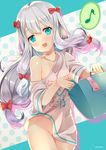  :d absurdres aqua_eyes bottomless bow breasts collarbone convenient_censoring cowboy_shot eighth_note eromanga_sensei floating_hair grey_shirt groin hair_bow head_tilt highres holding izumi_sagiri long_hair looking_at_viewer medium_breasts musical_note naked_shirt off_shoulder open_mouth red_bow shirt silver_hair smile solo speech_bubble spoken_musical_note standing t-shirt very_long_hair xephonia 